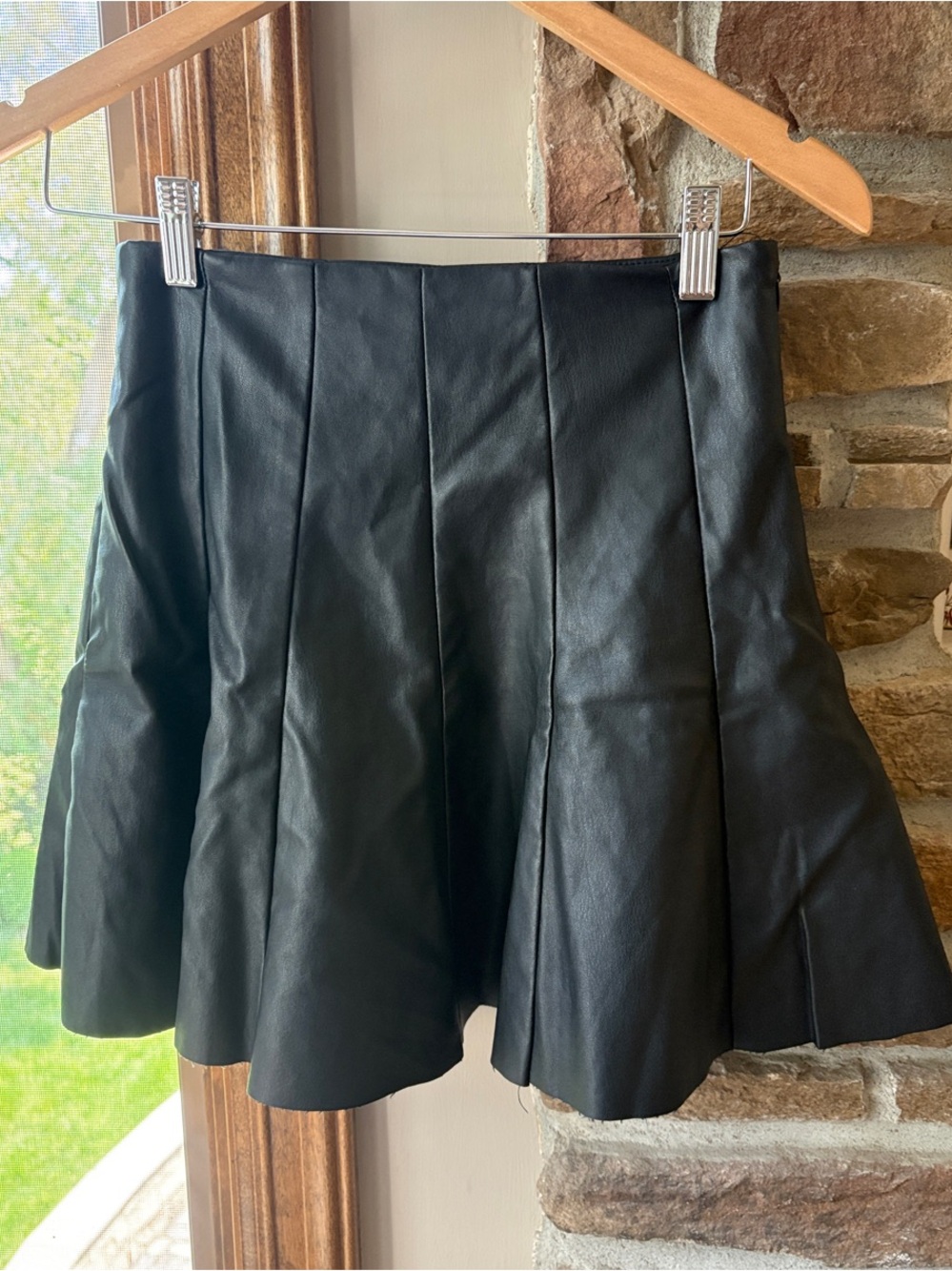 Black Pleated Faux Leather Skirt - Women